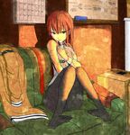  brown_eyes brown_hair brown_legwear calendar_(object) couch doll_hug eraser feet feet_on_chair girigiri hug izu_(lbctsissynl) jacket long_hair makise_kurisu necktie panties panties_under_pantyhose pantyhose sitting smile solo steins;gate stuffed_toy underwear whiteboard 