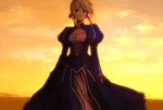  artoria_pendragon_(all) bad_id bad_pixiv_id blonde_hair dress fate/stay_night fate_(series) funa8 green_eyes hair_ribbon ribbon saber solo sunset yellow 