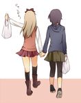  arm_up bad_id bad_pixiv_id bag black_hair black_legwear blonde_hair boots casual from_behind funami_yui holding_hands hood hoodie leggings long_hair multiple_girls sao_(0060) shopping_bag short_hair skirt toshinou_kyouko walking yuru_yuri 