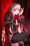  artist_request bangs belt blonde_hair blood boots cinia_pacifica coat curtain_grab curtains dress_shirt drill_hair gloves long_hair lowres pants red_eyes shirt sitting solo striped sword_girls tongue vampire 