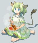  akitsu_taira animal_ears barefoot blue_eyes cow_ears cow_girl cow_tail curry dress earrings food green_hair grey_background horns jewelry monster_girl original rice short_hair shorts_under_dress simple_background sitting solo spoon tail tail_raised wariza 