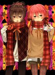  argyle argyle_legwear bat_wings blush brown_hair halloween highres inazuma_eleven_(series) inazuma_eleven_go jack-o'-lantern kirino_ranmaru multiple_boys otoko_no_ko pantyhose pink_hair plaid plaid_scarf pumpkin red_scarf scarf scrunchie shindou_takuto shorts striped striped_scrunchie wings yoru_(yoru1222) 