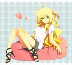  ahoge bad_id bad_pixiv_id blonde_hair heart high_heels hoshii_miki idolmaster idolmaster_(classic) long_hair radiwo shoes sitting smile solo 