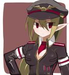  bad_id bad_pixiv_id black_hat breasts brown_hair cleavage disgaea formal hand_on_hip hat long_hair makai_senki_disgaea_3 medium_breasts military military_hat military_uniform necktie peaked_cap pointy_ears red_eyes rento_(rukeai) salvatore_(disgaea) solo suit tsurime uniform 