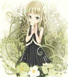  abe_kanari bangs bare_shoulders black_dress blonde_hair blunt_bangs child covering_mouth dress flower green_eyes hair_flower hair_ornament hands_together highres holding holding_flower long_hair original own_hands_together signature solo 