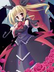  bare_shoulders black_umbrella blazblue blonde_hair blush bow detached_sleeves dress flower long_hair nago petals rachel_alucard red_bow red_eyes red_flower red_rose ribbon rose rose_petals solo twintails umbrella wizard_erk 