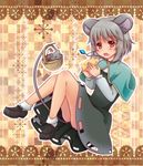  amagumo animal_ears ass basket blush capelet cheese dress food food_on_face gem grey_dress jewelry mouse mouse_ears mouse_tail nazrin necklace open_mouth pendant red_eyes shirt short_hair solo tail touhou upskirt 