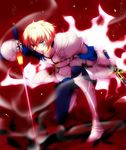  6-k-i-7 armor arthur_pendragon_(fate) bad_id bad_pixiv_id blonde_hair blood blood_on_face blue_eyes boots caliburn dual_wielding excalibur fate/prototype fate/stay_night fate_(series) gauntlets heterochromia holding male_focus prototype red_eyes saver solo sword weapon 