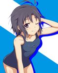  antenna_hair armpits bare_shoulders black_hair collarbone flat_chest highres idolmaster idolmaster_(classic) idolmaster_2 kikuchi_makoto leaning_forward little_little_star one-piece_swimsuit one_eye_closed purple_eyes short_hair smile solo swimsuit 