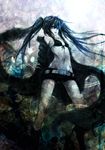  absurdres belt bikini_top black_hair black_rock_shooter black_rock_shooter_(character) blue_eyes boots burning_eye from_below glowing highres legs long_coat long_hair midriff navel quuni scar short_shorts shorts solo twintails very_long_hair 