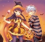  1girl bat braid genderswap genderswap_(mtf) gintama glasses halloween hat maruki_(punchiki) pantyhose purple_legwear sakata_gintoki shimura_shinpachi witch_hat 