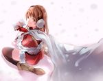  book boots brown_eyes brown_hair cape capelet christmas earmuffs hakka0320 long_hair original red_capelet santa_costume solo thighhighs 