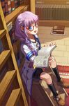  artist_request bangs blunt_bangs book braid coat cross flat_chest glasses hair_ornament hairclip jewelry kneehighs ladder library long_hair lowres necklace purple_hair red-framed_eyewear shoes shorts solo striped sword_girls 