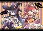  akemi_homura animal_ears ankoku4649 bandages candy cat_ears food halloween hat long_hair mahou_shoujo_madoka_magica multiple_girls orange_eyes pantyhose pumpkin purple_eyes purple_hair red_hair sakura_kyouko striped striped_legwear trick_or_treat witch_hat 