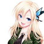  bad_id bad_pixiv_id blonde_hair blue_eyes boku_wa_tomodachi_ga_sukunai bug butterfly butterfly_hair_ornament fang hair_ornament insect kashiwazaki_sena long_hair lowres maya_(many_pictures) school_uniform simple_background smile solo st._chronica_academy_uniform 