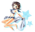  amami_haruka armpits barefoot bikini blush brown_hair green_eyes hair_ornament hairclip idolmaster idolmaster_(classic) jumping navel open_mouth qoo-rk sailor_bikini sailor_collar sailor_swimsuit_(idolmaster) short_hair side-tie_bikini solo swimsuit 