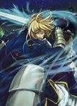  armor armored_dress artoria_pendragon_(all) blonde_hair blood colmack dress excalibur fate/stay_night fate_(series) faulds gauntlets green_eyes hair_ribbon highres open_mouth ribbon saber solo sword weapon 