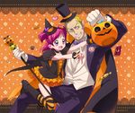  1girl :d black_legwear blonde_hair blue_eyes boots bunbee_(yes!_precure_5) candy cape eyelashes food formal grin halloween happy hat height_difference holding holding_wand jack-o'-lantern maeashi open_mouth orange_background orange_legwear orange_skirt pants pink_hair pointy_ears precure pumpkin purple_eyes short_hair short_twintails skirt smile striped striped_legwear suit thighhighs top_hat twintails two_side_up wand witch_hat yes!_precure_5 yumehara_nozomi 