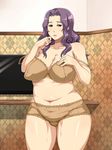  bra breasts cleavage curvy enoshima_iki erect_nipples highres hips large_breasts lingerie long_hair milf navel panties plump purple_eyes purple_hair solo standing sweat television thick_thighs thighs underwear undressing wide_hips 
