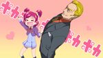  &gt;_&lt; 1girl animated animated_gif arm_up background_text blonde_hair bunbee_(yes!_precure_5) closed_eyes formal gradient gradient_background heart l'ecole_des_cinq_lumieres_school_uniform maeashi necktie open_mouth parody pink_background pink_hair precure punching school_uniform seitokai_yakuindomo short_twintails socks suit twintails two_side_up wavy_mouth yellow_background yes!_precure_5 yumehara_nozomi 