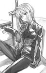  ahoge artoria_pendragon_(all) avalon_(fate/stay_night) creayus excalibur fate/zero fate_(series) formal gloves greyscale long_hair monochrome necktie pant_suit ponytail saber sheath sheathed solo suit sword weapon 