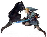 battle blonde_hair blue_eyes dark_link dark_persona dual_persona duel earrings gloves grey_hair hat holding holding_sword holding_weapon jewelry left-handed link male_focus multiple_boys pointy_ears red_eyes rrrrr_(hasui) sheath shield sword the_legend_of_zelda the_legend_of_zelda:_ocarina_of_time weapon 