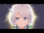 1girl blue_eyes bow braid caught grey_hair hair_bow izayoi_sakuya letterboxed looking_away maid_headdress nervous shize_(coletti) short_hair smile solo sweat touhou twin_braids 