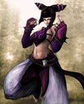  :p bare_shoulders beckoning belt black_hair chaps detached_sleeves drill_hair dudou fingerless_gloves gloves halter_top halterneck han_juri highres kom_(kom1128) midriff purple_eyes solo standing standing_on_one_leg street_fighter street_fighter_iv_(series) taunting tongue tongue_out twin_drills 