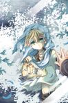  96mame bass_clef belly blonde_hair boy earring earrings green_eyes jewelry kagamine_len kiri_no_mori_no_mizukagami_(vocaloid) lantern male male_focus navel necktie solo undone unzipped vocaloid water water_reflection winter 