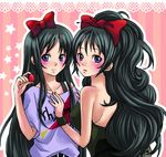  abe_(colorvace) akiyama_mio black_eyes black_hair casual dual_persona food fruit k-on! listen!! long_hair multiple_girls ribbon strawberry 