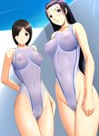  black_hair blue_eyes blush breasts collarbone competition_swimsuit covered_navel dragon@harry hairband highleg highleg_swimsuit highres impossible_clothes impossible_swimsuit large_breasts long_hair looking_at_viewer multiple_girls navel nipples one-piece_swimsuit original pubic_hair purple_eyes purple_hair see-through skin_tight swimsuit 