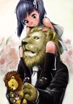  1girl blue_eyes blue_hair carrying eye_contact formal goichi hair_ribbon jewelry lion looking_at_another necktie original ribbon ring shoulder_carry stuffed_animal stuffed_lion stuffed_toy suit twintails 