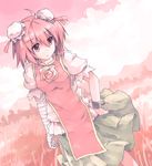  bandages bun_cover chain chinese_clothes cuffs double_bun flower huanxiang_huifeng ibaraki_kasen nature pink pink_eyes pink_flower pink_hair pink_rose rose shackles short_hair skirt solo tabard touhou 