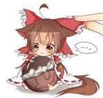  1girl :3 ahoge animal_ears barefoot blush bow brown_eyes brown_hair chibi chocolate chocolate_coin feet hair_bow hair_tubes hakurei_reimu kemonomimi_mode lowres out_of_frame petting sleeves_past_wrists solo_focus tail tosura-ayato touhou 