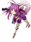  ahoge animal_ears armor blush claws dragon_maker gauntlets greaves leaning_forward leg_lift long_hair looking_at_viewer matsui_hiroaki purple_hair simple_background smile solo tail 