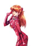  :d arm_at_side ass bad_id bad_pixiv_id bangs blue_eyes bodysuit bracer breasts cowboy_shot from_side hand_on_own_cheek hand_up happy headgear highres leaning_forward long_hair looking_back medium_breasts neon_genesis_evangelion open_mouth orange_hair pilot_suit plugsuit qq416283157 red_bodysuit simple_background smile solo souryuu_asuka_langley turtleneck two_side_up white_background 