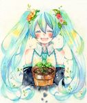  aqua_hair bare_shoulders blush closed_eyes detached_sleeves flower hair_flower hair_ornament harutou_(ticta) hatsune_miku hello_planet_(vocaloid) long_hair necktie open_mouth plant potted_plant smile solo tears traditional_media twintails vocaloid watercolor_(medium) 