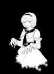  alice_margatroid greyscale highres monochrome ofuton_zeb simple_background solo touhou waraningyou 