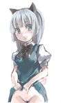  alternate_hairstyle animal_ears bangs blue_eyes blunt_bangs blush bob_cut bow bowtie breasts cat_ears cleft_of_venus fake_animal_ears hips kemonomimi_mode konpaku_youmu looking_at_viewer no_panties oekaki pussy shift_(waage) short_hair sidelocks signature silver_hair simple_background skirt skirt_lift skirt_set small_breasts solo touhou white_background 