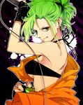  alternate_hairstyle breasts earrings fingerless_gloves gloves green_eyes green_hair grin gumi jewelry kijin medium_breasts megpoid_(vocaloid3) microphone ponytail short_hair smile solo underboob vocaloid 
