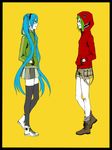  aqua_hair casual green_hair gumi hatsune_miku highres hood hoodie kooki long_hair matryoshka_(vocaloid) multiple_girls shoes short_hair simple_background smile thighhighs twintails very_long_hair vocaloid zettai_ryouiki 