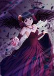  black_hair black_wings dress flower hands highres jewelry nail_polish necklace original petals ring rose smile solo wings yume_robo 