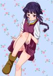  arm_support bangs blush body_blush boots braid dress epsilon_h flower gundam gundam_age hair_ribbon legs long_hair panties pantyshot pantyshot_(sitting) ponytail purple_eyes purple_hair purple_skirt ribbon rose sidelocks single_braid sitting skirt smile solo underwear yurin_leciel 