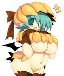  bat_wings blush breasts crotch_plate food_themed_clothes gloves green_eyes green_hair halloween hat huge_breasts navel open_mouth original pointy_ears pumpkin revealing_clothes sakaki_(noi-gren) short_hair simple_background skindentation solo thighhighs underboob white_background wings 
