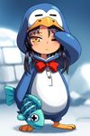  animal_costume artist_request bird black_hair blush bow child fish igloo lowres one_eye_closed penguin penguin_costume short_hair sita_vilosa snow snow_shelter solo sword_girls tan yellow_eyes 