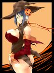  aq_interactive arcana_heart ass atlus blush breasts cleavage costume detached_sleeves examu green_eyes hair_ornament hairclip halloween hat highres large_breasts looking_back mei-fang pumpkin purple_hair robot_girl short_hair solo tetsuniwatori witch 