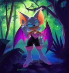  bat_wings chiropteran dark_skin female forest fur green_eyes mammal membranous_wings morkitten one_eye_closed rouge_the_bat salute sonic_(series) thick_thighs tree white_fur wings wink 