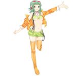  boots breasts full_body goggles goggles_on_head green_eyes green_hair gumi headphones highres jacket kooki medium_breasts megpoid_(vocaloid3) midriff navel short_hair shorts simple_background smile solo suspenders thigh_boots thighhighs underboob vocaloid 