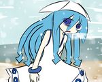  bad_hands beach blue_eyes bracelet day dress eyes_visible_through_hair hat ikamusume jewelry long_hair ocean sentaku-bune shinryaku!_ikamusume snow snowing solo squid tentacles water winter 