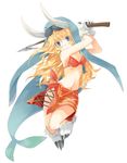  bikini_top blonde_hair blue_eyes full_body fur_trim gloves highres holding holding_weapon horns latale long_hair lunica navel polearm selki simple_background skirt solo spear very_long_hair weapon white_background 